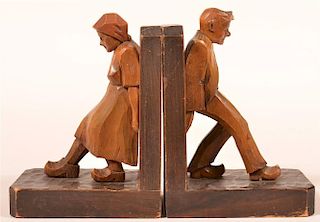 Pair of Figural Carved Wood Bookends.
