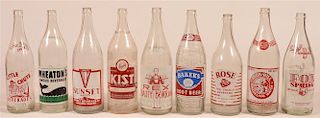 Lot of 9 Vintage Painted Label Glass Soda Bottles.
