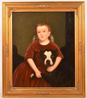 19th Century Oil on Canvas Painting of a Girl with Dog.