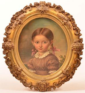 Oval Oil on Canvas Painting of a Girl in Pig Tails.
