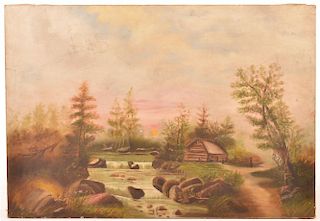 Oil on Canvas Painting of a Log Cabin by Stream.