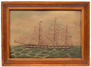 Oil on Artist Board of a Three Mast Ship at Sea.