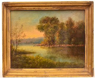 19th Century Oil on Canvas River Scene Painting.