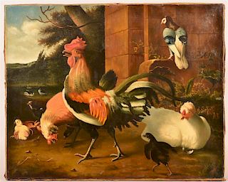 Oil on Canvas Painting of Rooster and Chickens.