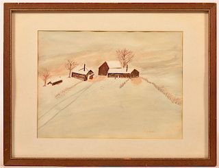 Winter Farmstead Watercolor on Paper.