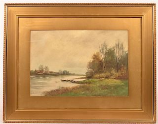 19th Cent. Lake and Row Boat Scene Painting.