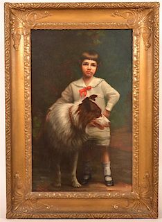Oil Painting of a Child with Collie dated 1914.