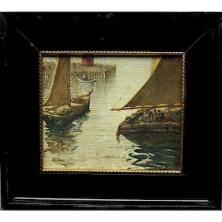 Antique Oil/Canvas board American Harbor Scene