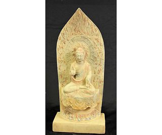 CARVED WHITE MARBLE SITTING BUDDHA IN NICHE
