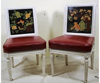 EIGHT FRENCH STYLE PAINTED BACK LEATHER CHAIRS