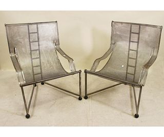 PAIR OF STAINLESS STEEL PATIO CHAIRS & TABLE