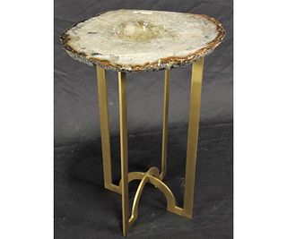 BRASS TONE METAL BASE AGATE TOP COCKTAIL TABLE