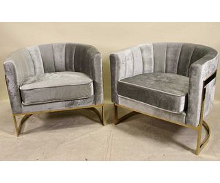 PAIR OF CONTEMPORARY GRAY BRASS BASE CLUB CHAIRS