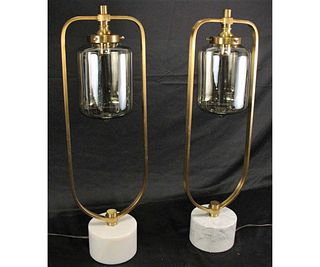 PAIR OF BRASS FRAME UPLIGHT MARBLE BASE LAMPS