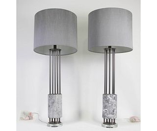 PAIR OF CONTEMPORARY METAL COLUMN MARBLE LAMPS