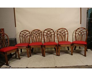 6 RED BAMBOO AND RATTAN SIDE CHAIRS