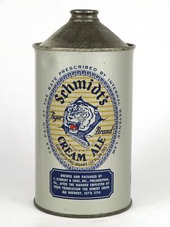 1938 Schmidt's Tiger Brand Cream Ale 32oz Quart Cone Top Can 218-18, Philadelphia, Pennsylvania