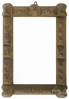 Tramp art carved mirror, dated 1914, initialed MK, 11 1/2'' x 8''.