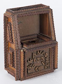 New Jersey tramp art carved lodge ballet box, ca. 1900, inscribed Takanassee 133 D of P