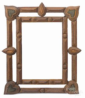 Tramp art carved frame, ca. 1900, with velvet heart corners, overall - 29 1/2'' x 24''