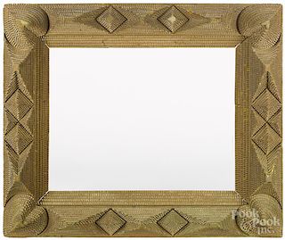 Tramp art carved and painted frame, ca. 1900, with heart corners, retaining an old gilt surface