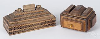 Two tramp art carved trinket boxes, ca. 1900, 4 1/2'' h., 9'' w., 4'' d.