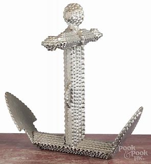 Tramp art carved and painted anchor, ca. 1900, retaining an old silver surface, 15 1/2'' h.