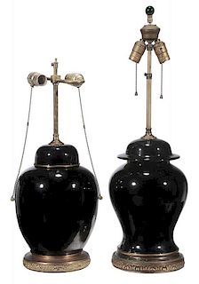 Two Black Monochrome Covered Jars