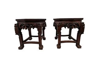 Pair Of Chinese Carved Wood Marble Top Stands