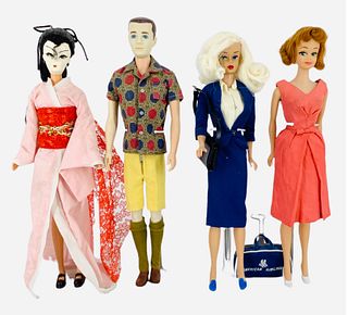 (4) dolls including Midge - Geisha girl - Ken & Platinum Blond OOAK Barbie. Both Midge & white haired Barbie has been touched up. Blonde Barbie has he