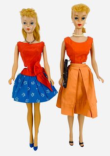 (2) Blonde Ponytail Barbies - Barbie in orange has hair & makeup fixed. The other has lip rubs.