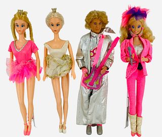 1980's Mattel Dolls including one ballerina, guitar player, singer and Barbie ballerina.