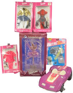 (5) items including purple car, Nutcracker Barbie, 4 Barbie sealed outfits