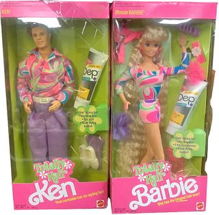 (1) Totally Hair Barbie & (1) Totally Hair Ken - ( no reproduction of dolls - both made in 1991), Both have hair that you can use styling gel & many d