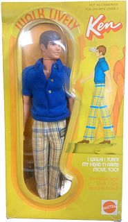 (1) Walk Lively Ken in original box - Still has his name tag on wrist & NRFB. The Box has some wear & tear to it.