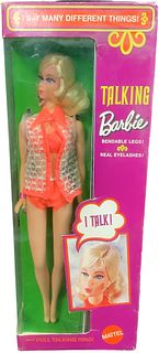 (1) 1969's Talking Barbie with bendable legs & real eyelashes. There is a pull string on the back of Barbies neck, but she does not talk. Barbie has h