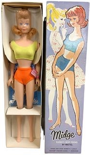 (1) Midge doll (Barbie's friend) who is in spectacular original state. Accessories still in bag, stand behind Midge, her booklet & she still has her T