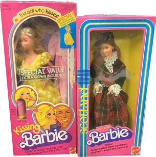(2) beauties (1) HTF Special Value Kissing Barbie wearing a yellow dress & original pink dress. lipstick and flowers. (1) Scottish Barbie is wearing h