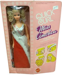 A beautiful boxed Quick Curl blonde Miss America. She has some crimping at bottom of box & shelfe wear but she is MIB.