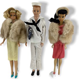 (2) Vintage Barbies & (1) Ken - # 4 Brunette Barbie has hair bands replaced. Fur coat is not Mattel., Ken's flocked hair has rubs and discolor - Last 