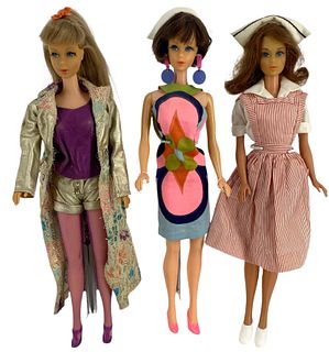 (3) Mod Barbies with brunette Hair Fair Barbie (has swingy legs and earrings that may/may not be original) - Barbie (in purple leotards needs cleaned)
