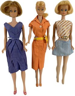 (3) Barbies including a blonde American Girl Barbie (whiter legs than rest of body), a dirty blonde American Girl Barbie and a Blonde Swirl Ponytail B