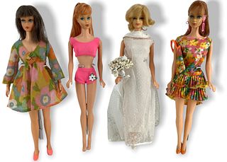(4) Mod Barbies including (1) Standard Barbie w/pink bathing suit - Hair may/may not be re-rooted & same for makeup - Red haired TNT that appears thin