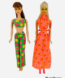 (2) Mod TNT Barbies with Mod outfits. Both Barbies have hair issues -