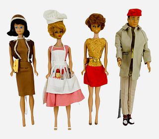 (4) Vintage Barbie & Friends. (3) may/not has retouching as shown. Midge appears to have bigger eyes - Ken has some damage to his hair.