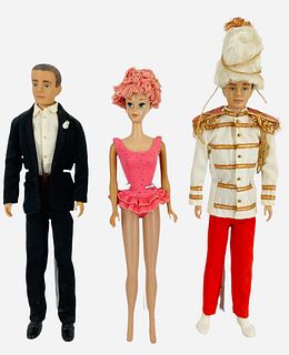 (1) Miss Barbie & (2) Kens - Miss Barbie has her orange headband and eyes open/close w/ original suit - Miss Barbie has minor head scuffs & leg marks 