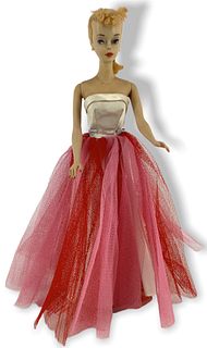 (1) Beautiful #3 Barbie - Wearing Campus Sweetheart Dress - Red lips & nails - Barbie appears to have had a hair cut - Has small marking from a neckla