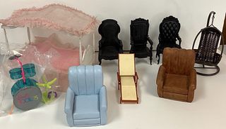 Lot of 9 items including doll size bed, (7) dolls size chairs and a Barbie Rockers drum set.