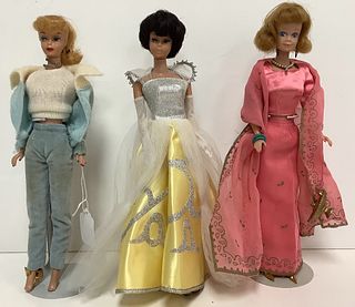 3 Barbie and Friends including ponytail Barbie wearing Mood for Music with green ears and back of neck, lip sticks & nails may have been retouched and
