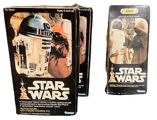 Lot of 3 including (2) Star Wars Artoo-Detoo R2-D-2 Large size action figure and Star Wars Jawa Large size action figure. All boxes have rips/show wea